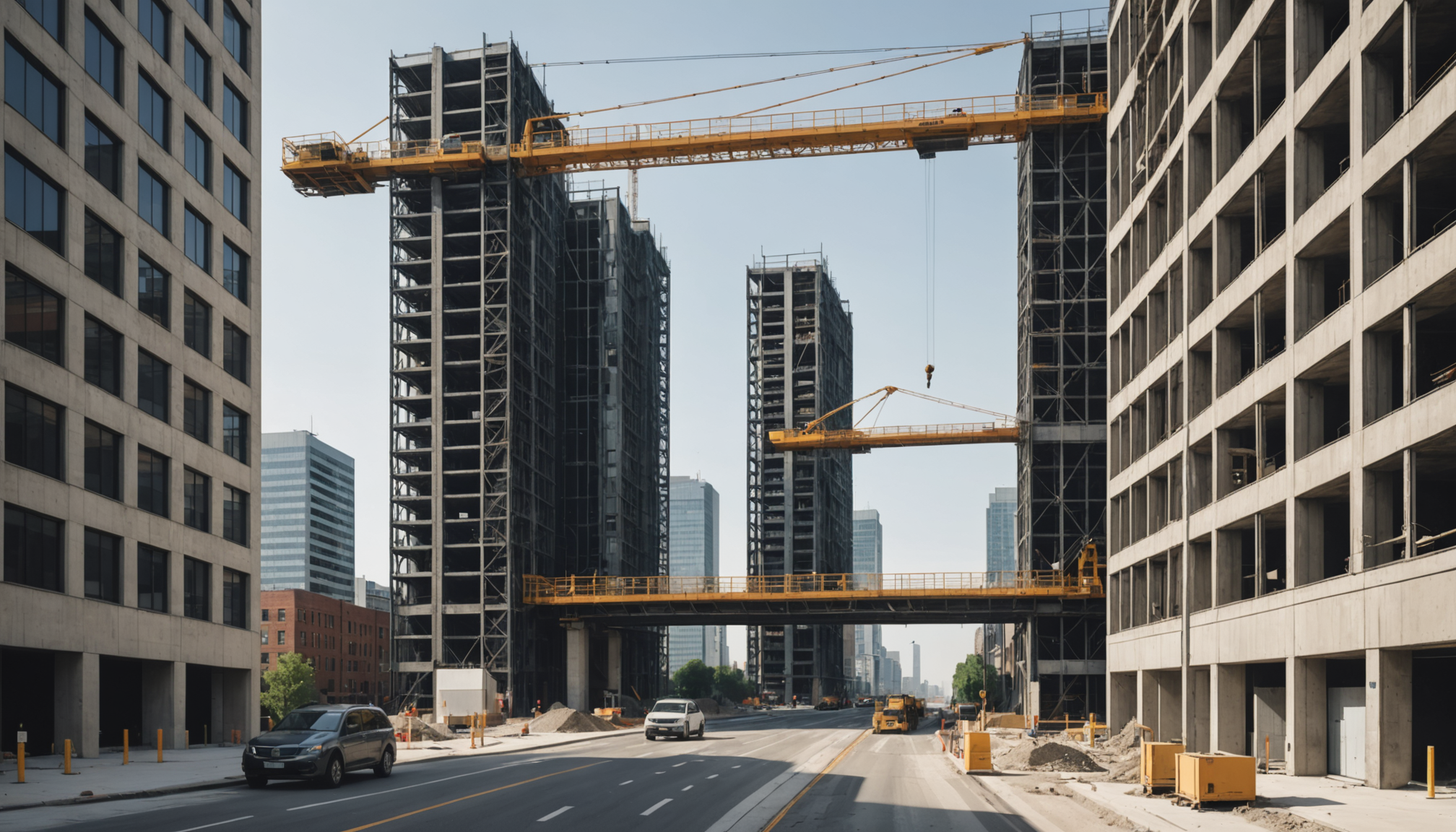 Ilustrasi AI: Ilustrasi menara kembar Indonesia 1 di Jalan Thamrin sedang dalam tahap pengangkatan struktur baja dengan skybridge antarmenara.
